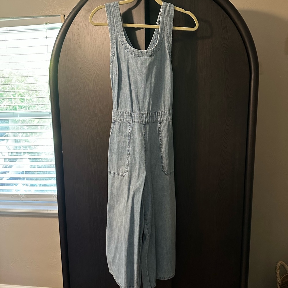 Lucky Brand Wide Leg Crop Jean Jumpsuit w/ cross back detail